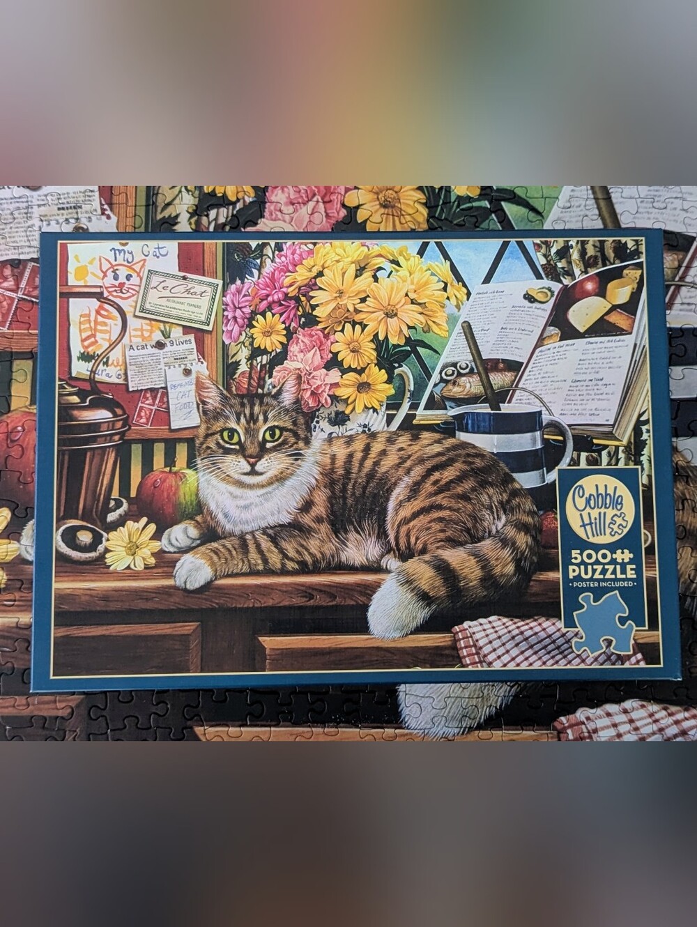 Cobble Hill Matilda 500 Piece Jigsaw Puzzle Tabby Cat Kitchen Flowers